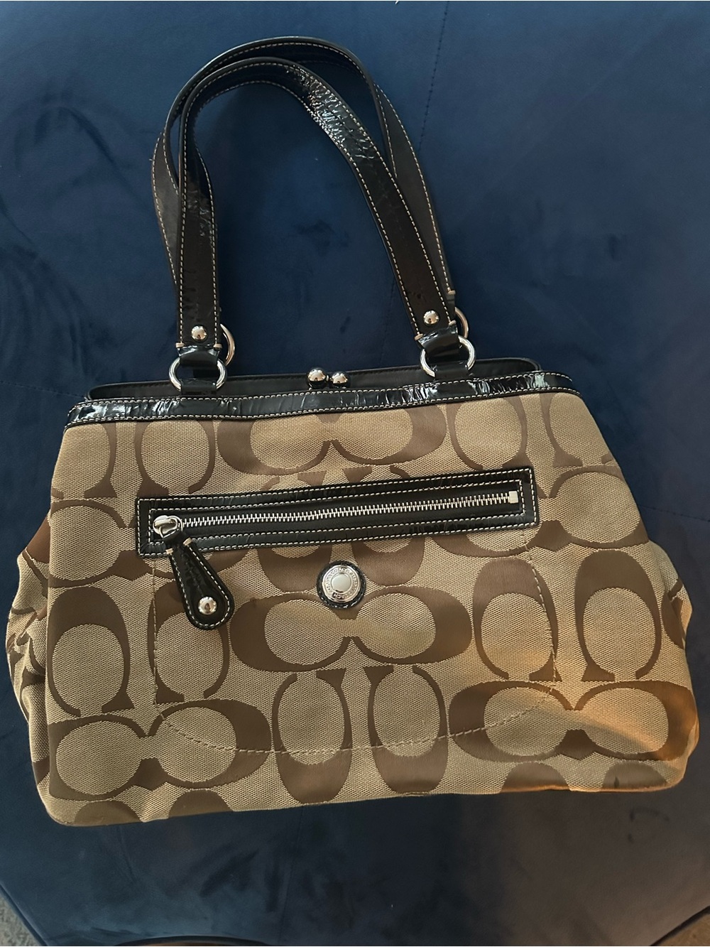Coach Brown Signature Kiss Lock Canvas Shoulder Bag with Black Trim